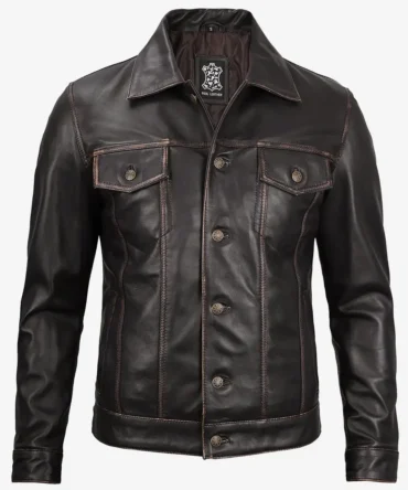 Men's Dark Brown Trucker Leather Jacket