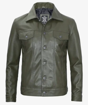 Men's Military Green Trucker Leather Jacket